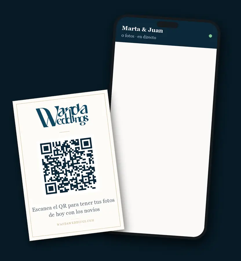 Galería en directo: los invitados consiguen sus fotos Animación: tarjeta de mesa con el código QR junto a un móvil donde van apareciendo las fotos de la boda de Marta y Juan con sus invitados